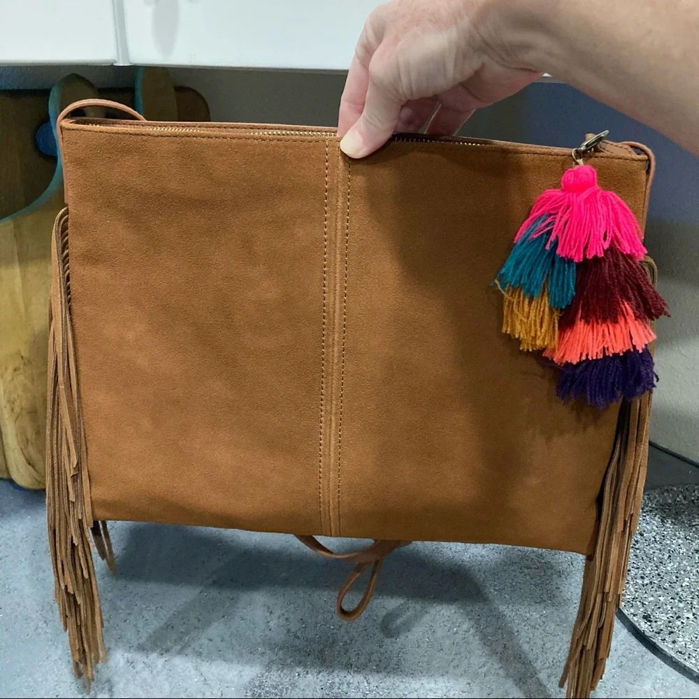 MARK & GRAHAM Fringed Cross Body Bag Purse Tan Leather and Suede NWOT - Picture 6 of 10